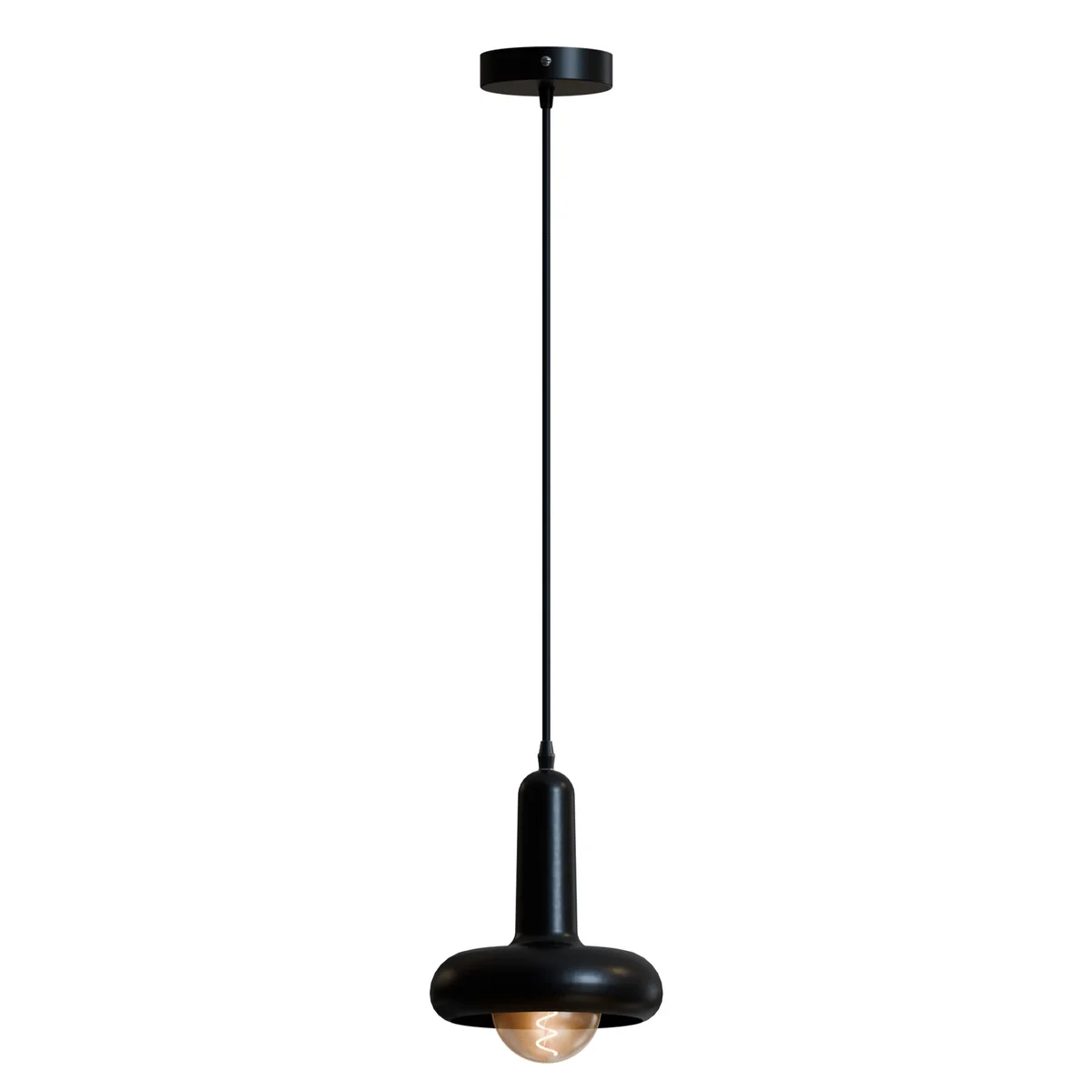 Modern black adjustable pendant light with rounded mushroom-shaped metal shade hanging from a flexible PVC cable