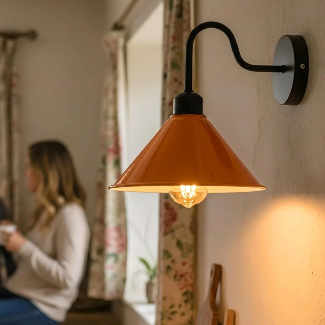 Modern orange LED wall light with 22cm metal cone shade and black swan neck, vintage industrial style, indoor use
