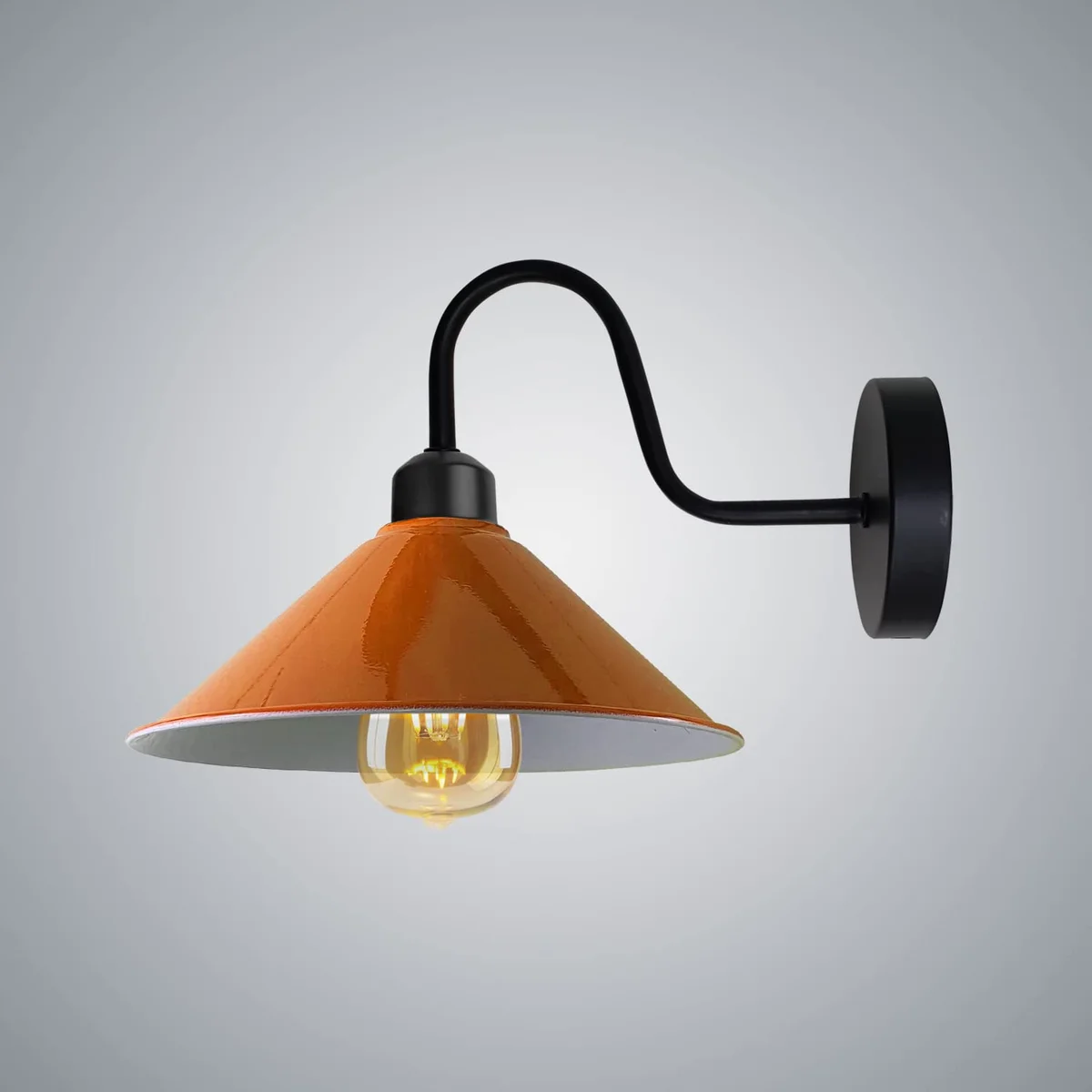 Modern industrial wall lamp with orange metal cone shade and black swan neck, 22cm diameter, indoor use.