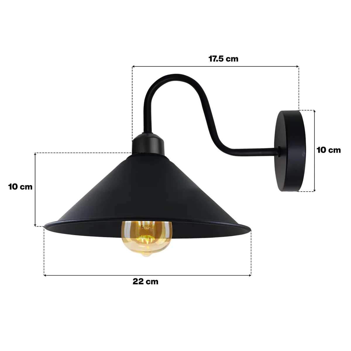 Modern orange metal cone E27 wall light with black swan neck arm, 22cm shade, indoor vintage industrial style