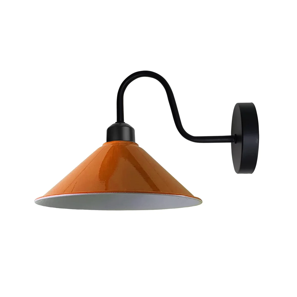 Orange metal cone wall light with black swan neck arm mounted on a white wall, 22cm shade diameter, indoor use.