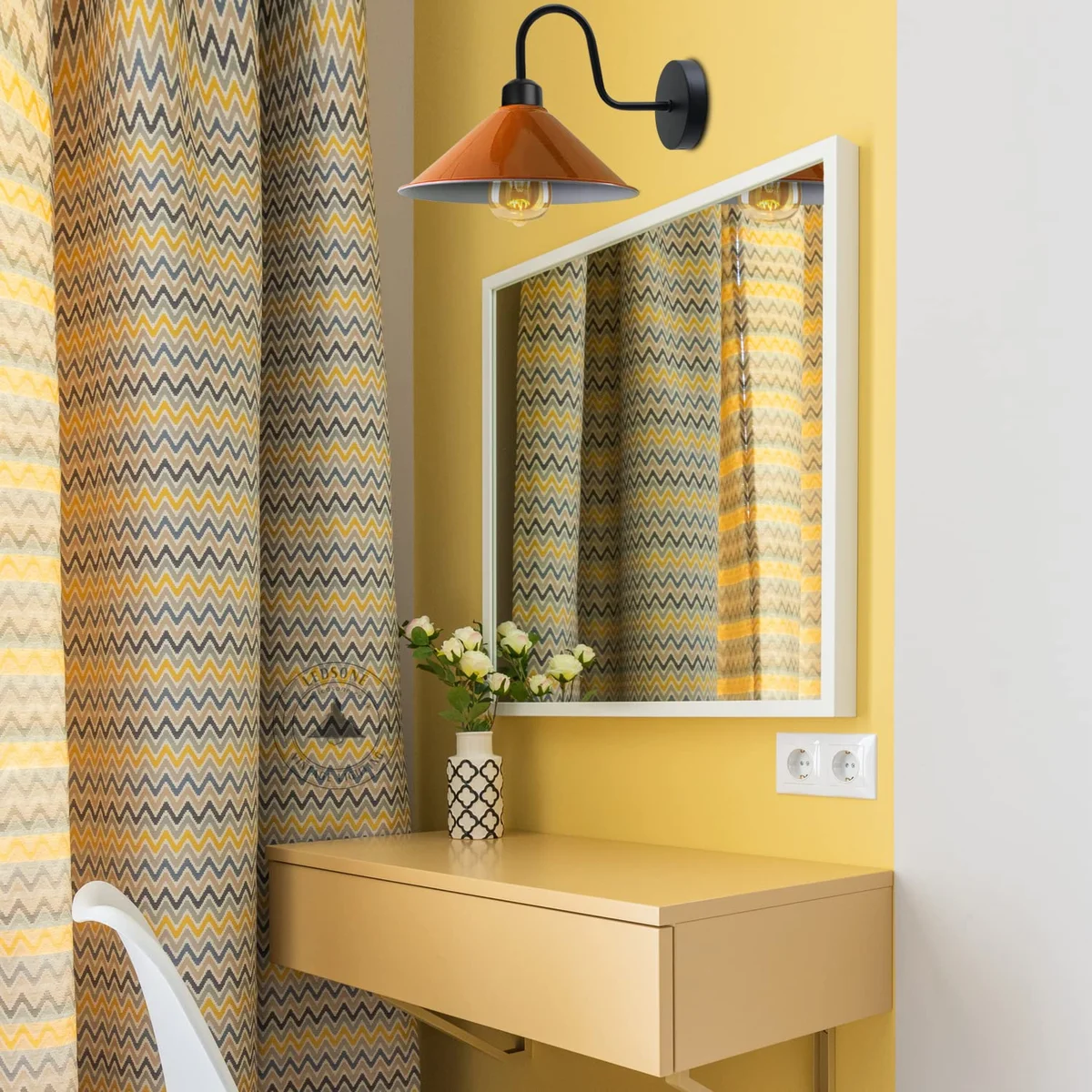 Orange LED wall light with 22cm orange metal cone shade and black swan neck, mounted on white indoor wall