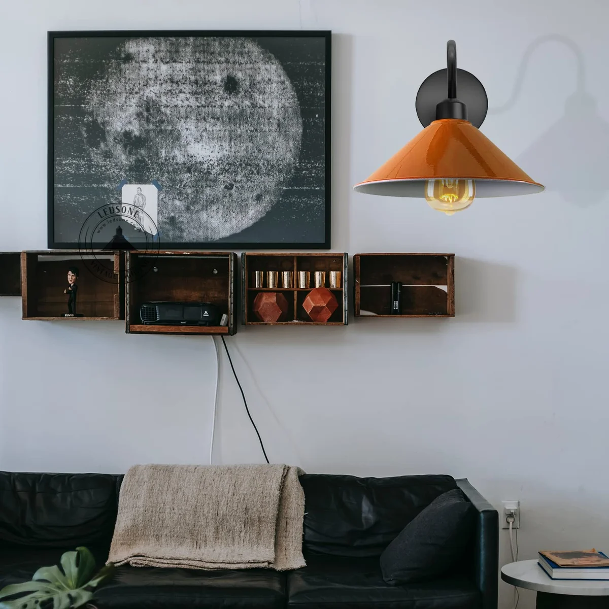 Modern orange LED wall light with 22cm metal cone shade and black vintage swan neck arm mounted on wall