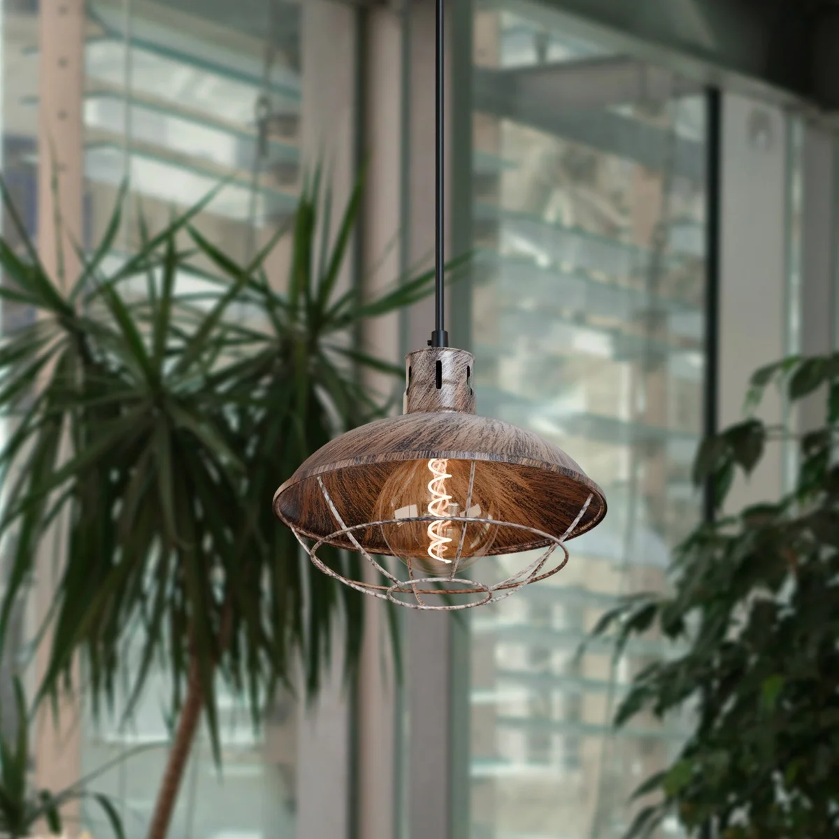 Nautical pendant light with weathered metal finish and polished wire cage, hanging adjustable cord, single bulb fixture