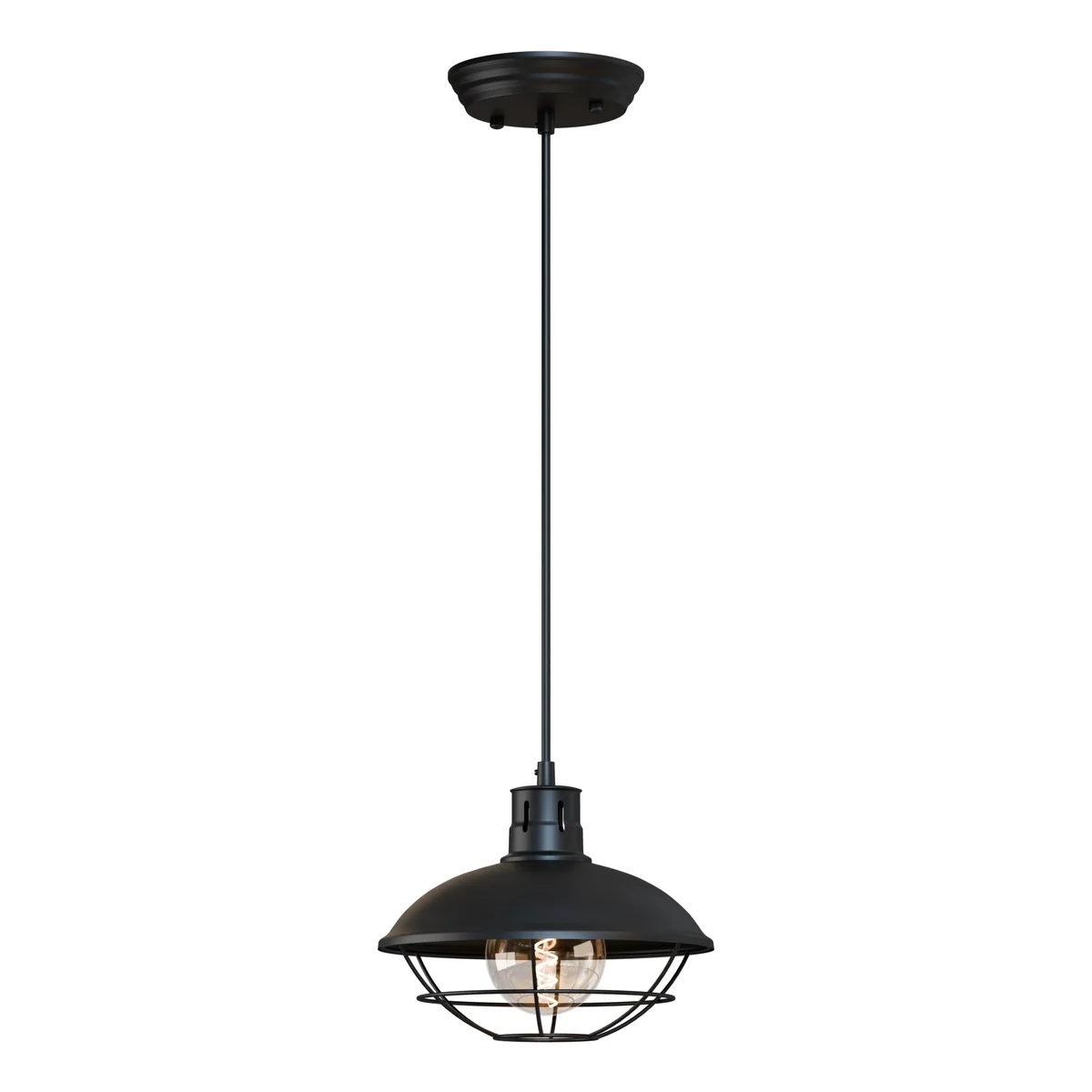 Nautical pendant light with polished metal cage and adjustable hanging cord for ceiling installation