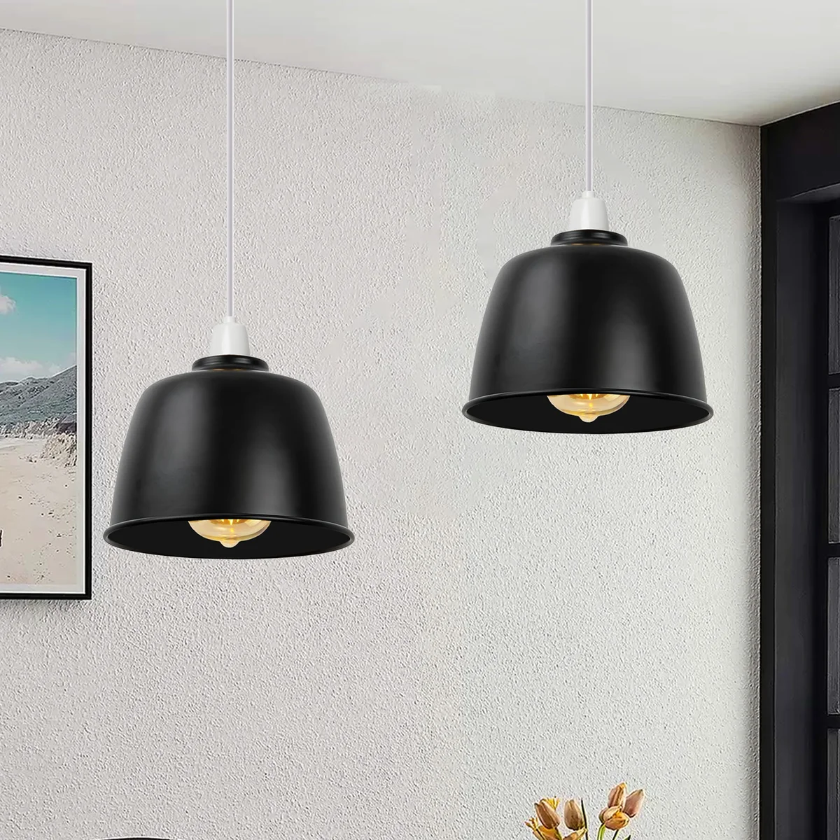Black and gold metal dome lampshade with easy fit design for standard pendant light fixtures, vintage industrial style
