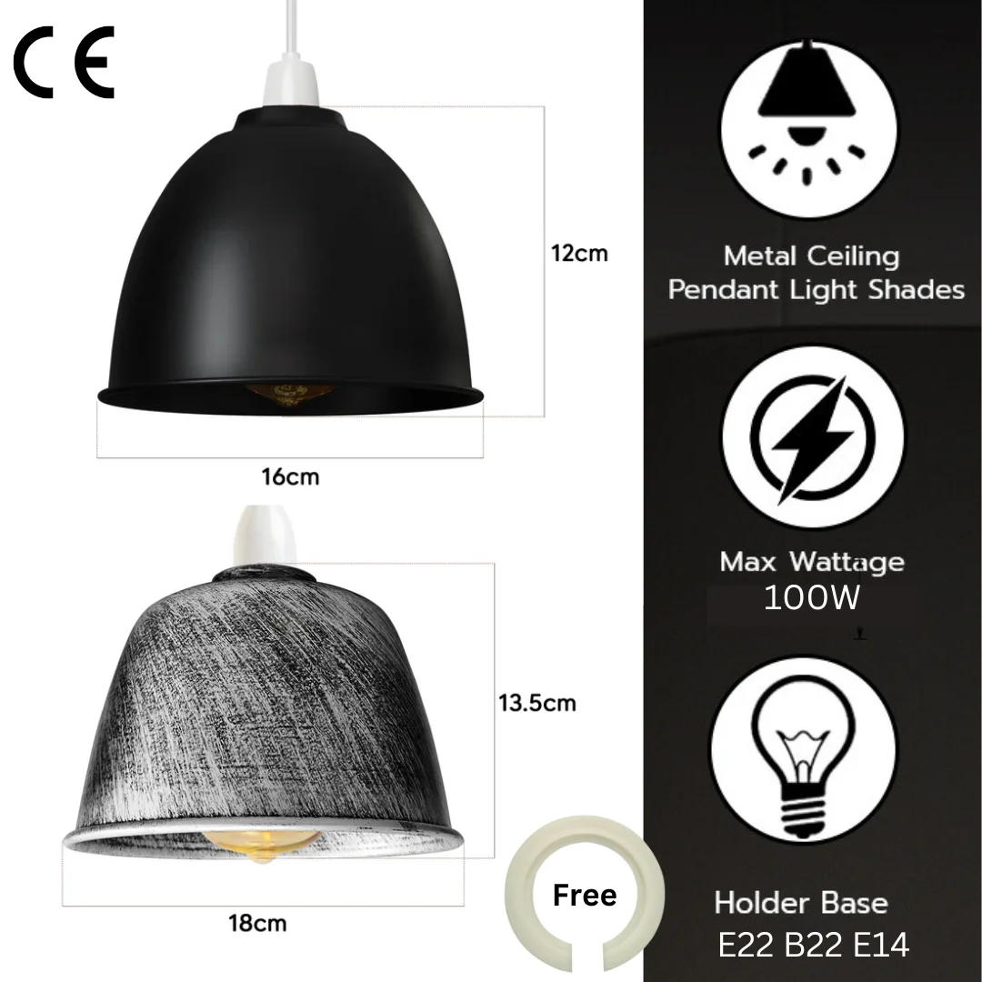 Black metal dome easy fit lampshade with gold interior, suitable for standard pendant light fixtures, vintage style