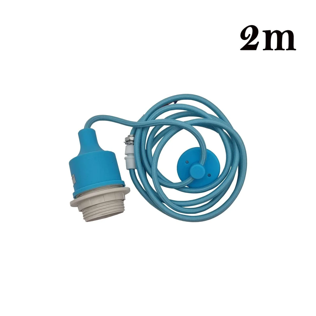 Adjustable pendant light holder with 2M black PVC cable and assembled clip for E27 bulbs, suitable for indoor use.
