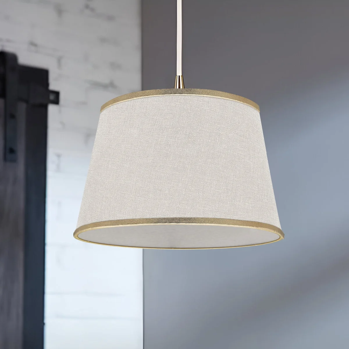 Modern coolie shape linen ceiling lampshade in beige with plastic lining, 30cm wide and 22cm high for indoor use