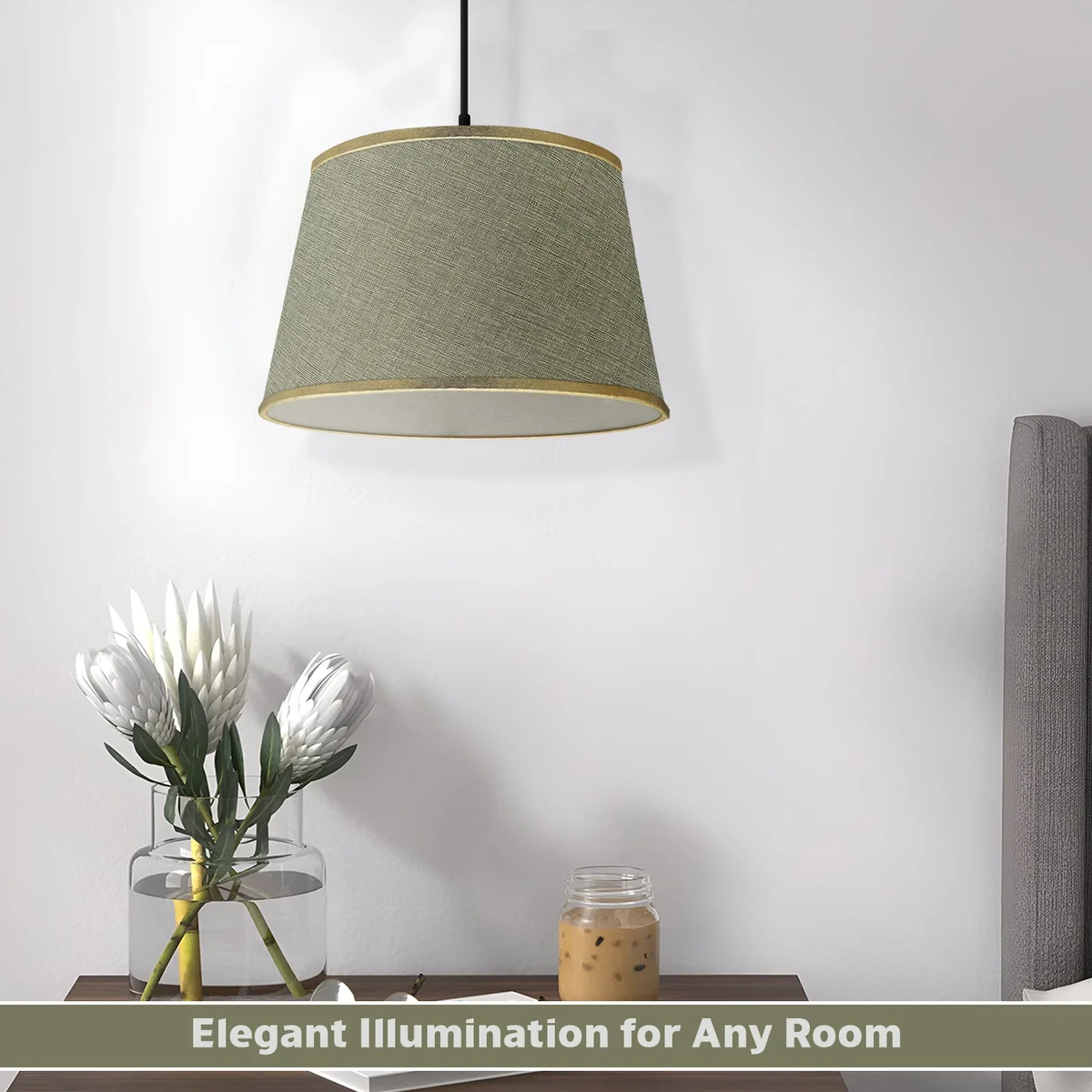 Modern ceiling lampshade with coolie shape, linen material, 30cm wide and 22cm high, suitable for E27 bulb sockets