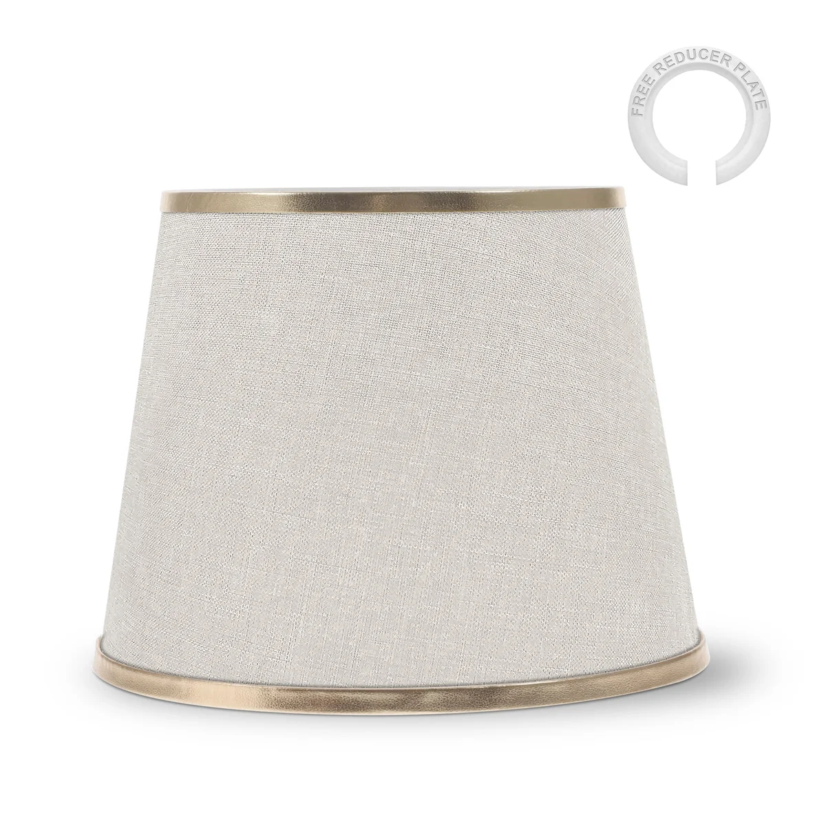 Modern linen coolie shape bedroom lamp shade in neutral colour with plastic-lined frame, 30cm wide and 22cm high