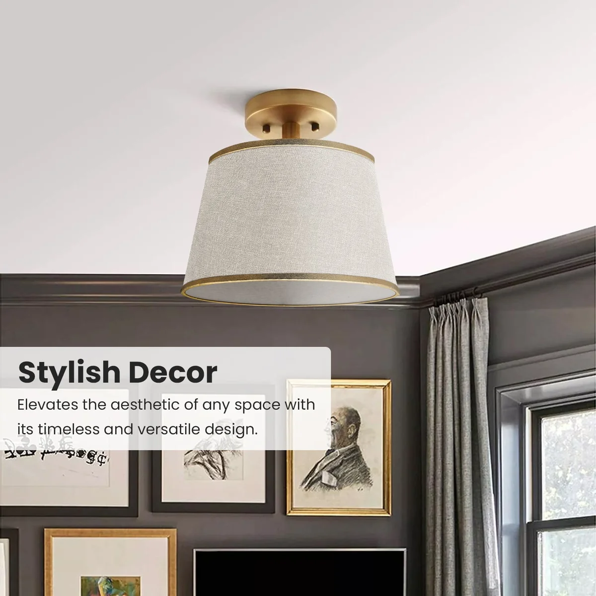 Modern coolie shape linen ceiling lampshade in beige with plastic lining, 30cm wide and 22cm high, for indoor use