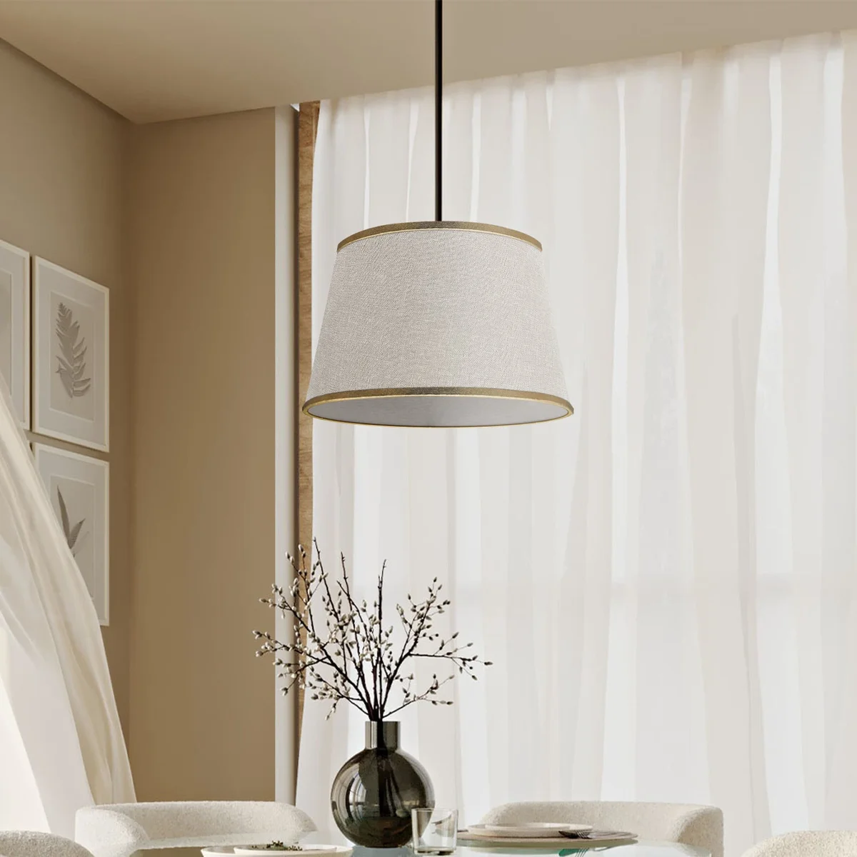 Modern linen ceiling lampshade in coolie shape, beige fabric with plastic lining, 30cm wide, shown hanging indoors