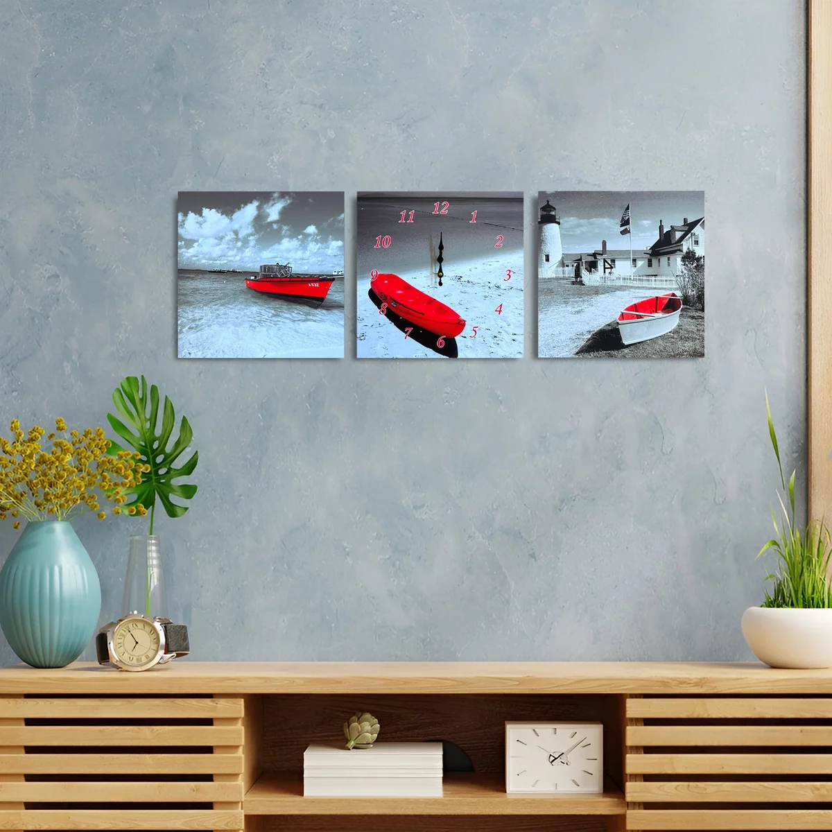 Red boat wall clock with three-frame design, modern style, bright canvas print, and 38x114cm dimensions hanging on wall