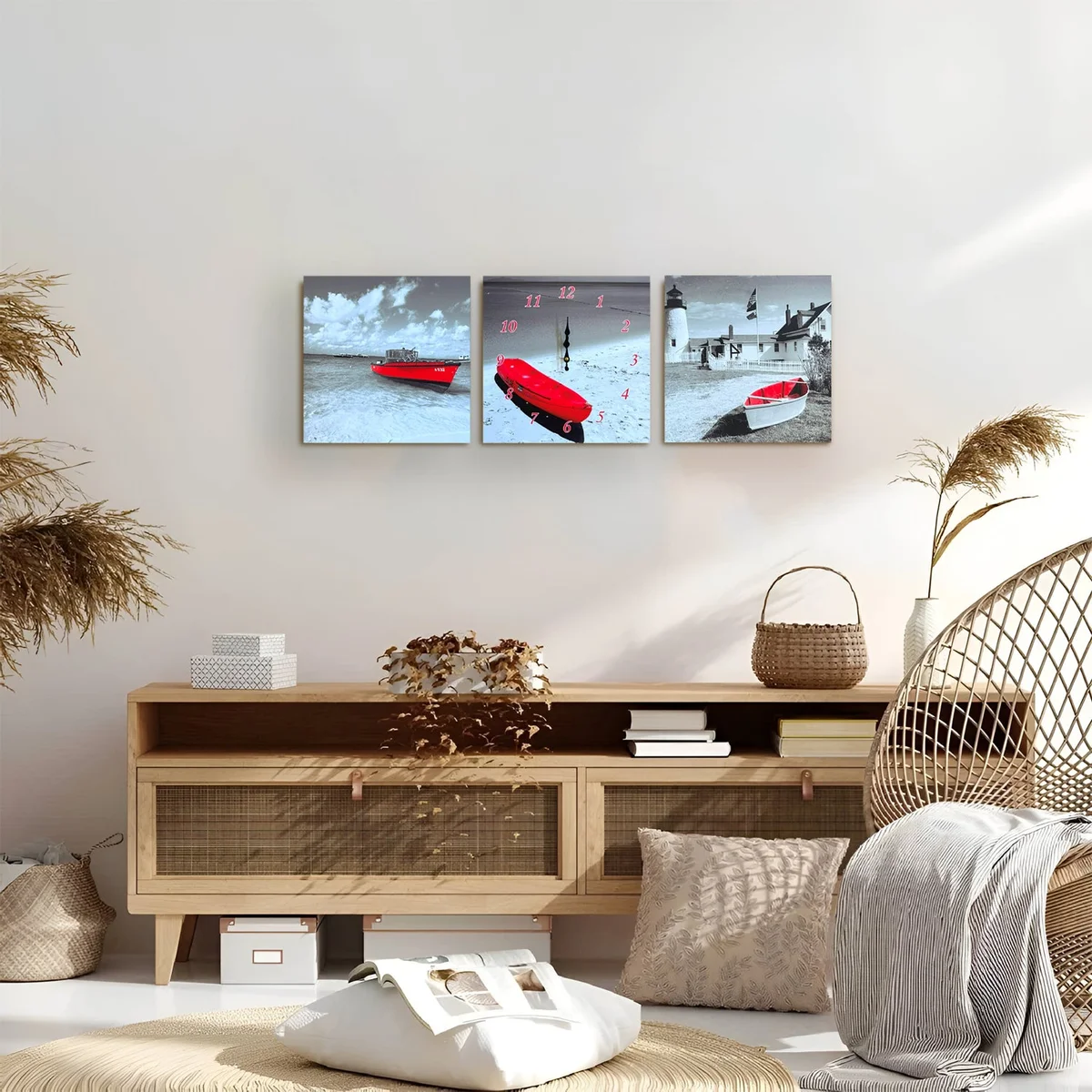 Red boat design modern wall clock with three-frame canvas print, bright colours, and keyhole slot for hanging on wall