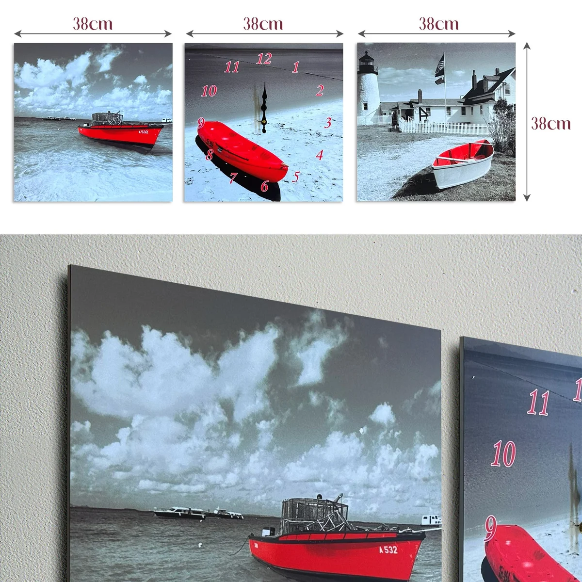 Red boat print wall clock with three-frame design, bright colors, and 3D figure on canvas, 38cm by 114cm.
