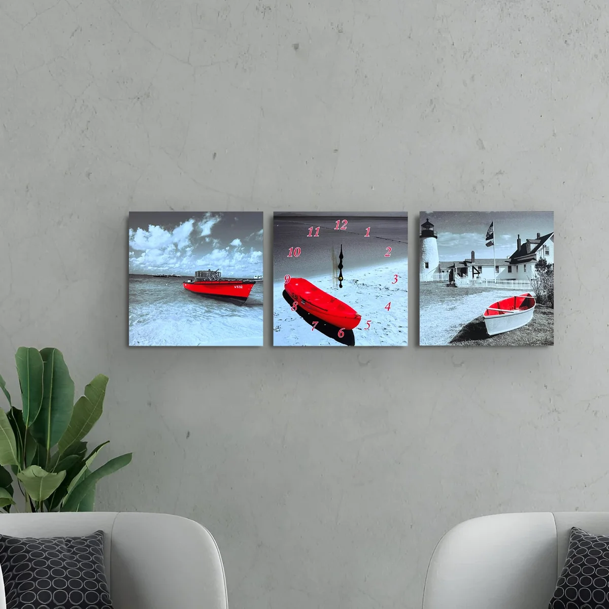 Red boat themed three-frame battery powered clock with sleek plastic design and 38x114cm size hanging on wall