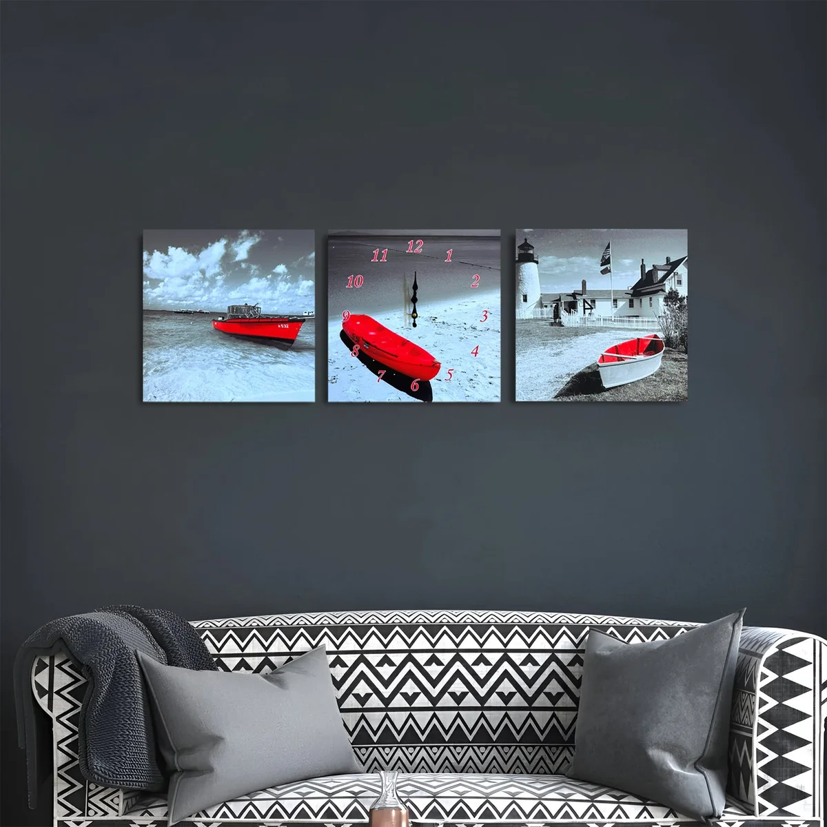 Red boat 3-frame indoor wall clock with modern design, bright canvas print, and keyhole slot for easy hanging on wall