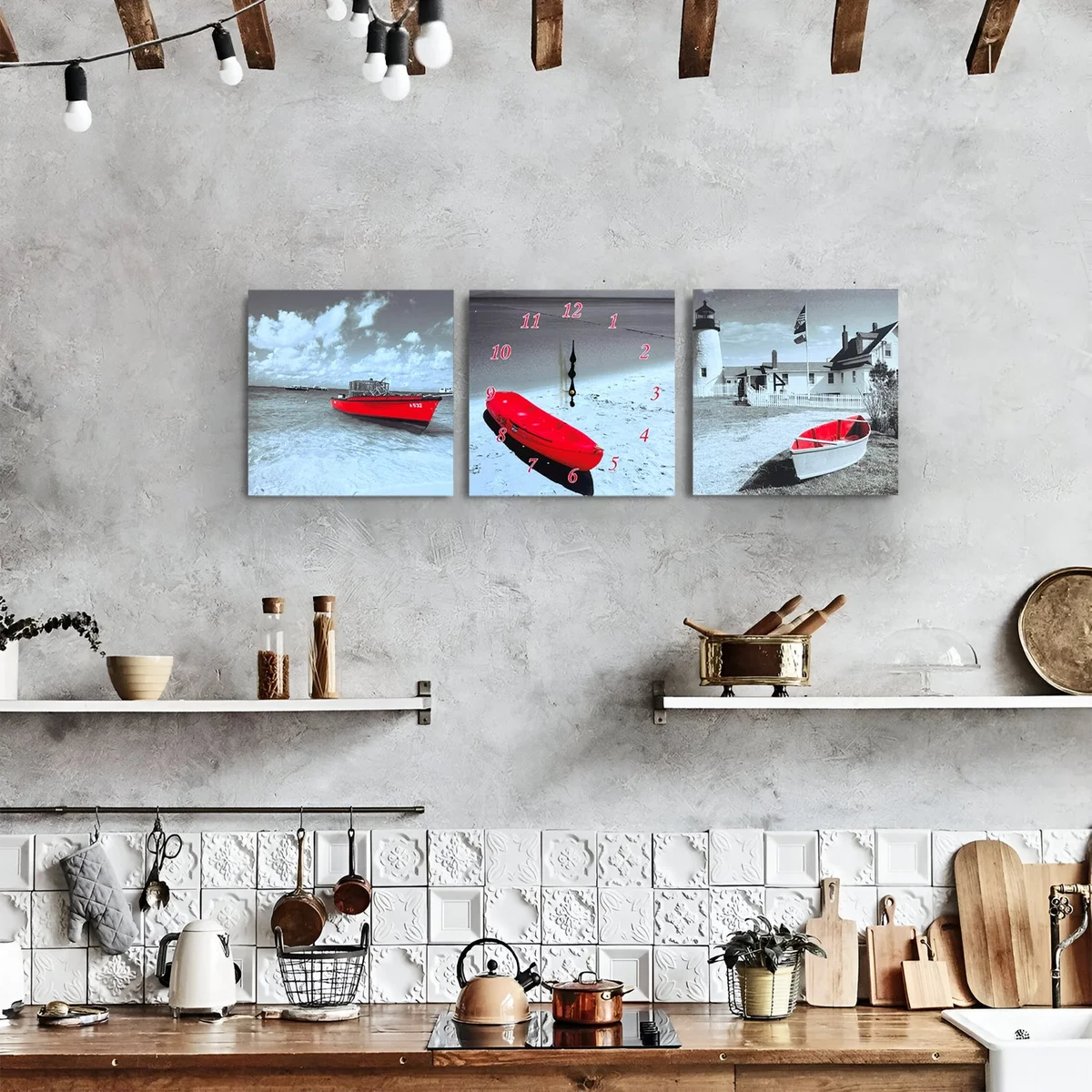 Red boat themed canvas wall clock in three-frame design with bright colours, sleek plastic frame and keyhole wall mount