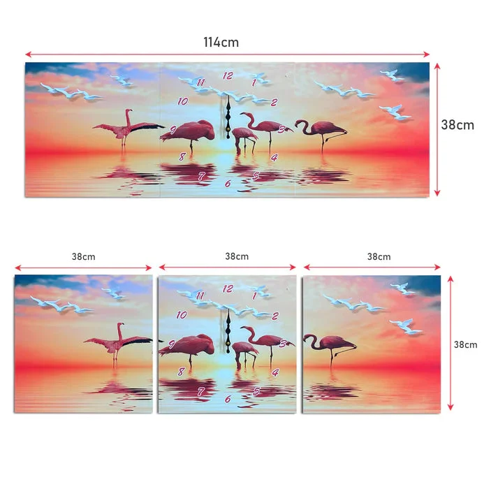 3 piece canvas clock featuring three flamingos and tropical foliage split across three panels with an analog clock face