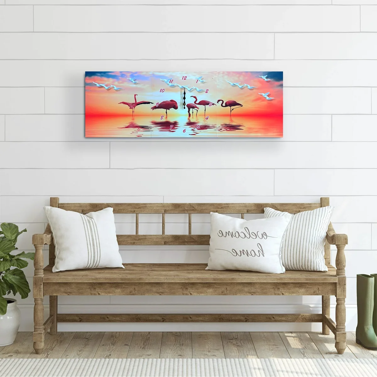 Third panel of tropical wall art clock showing pink flamingo and green tropical leaves on modern canvas design