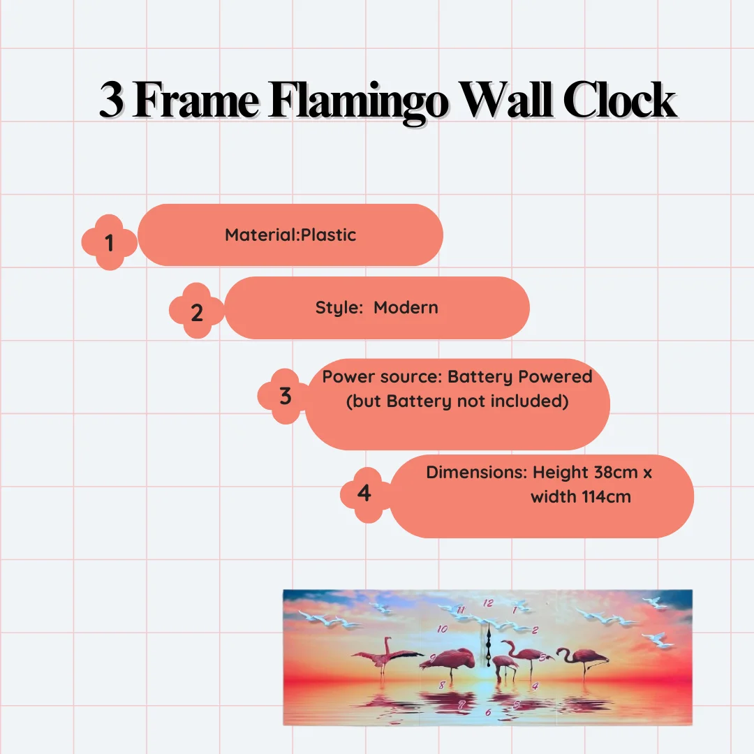 Three-panel analog canvas clock featuring pink flamingos and tropical leaves with 3D effect on high-quality canvas
