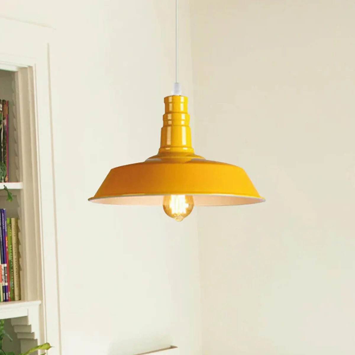 Modern metal yellow pendant light with white inner shade, 95cm cable, suitable for E27 bulb pendant light fitting