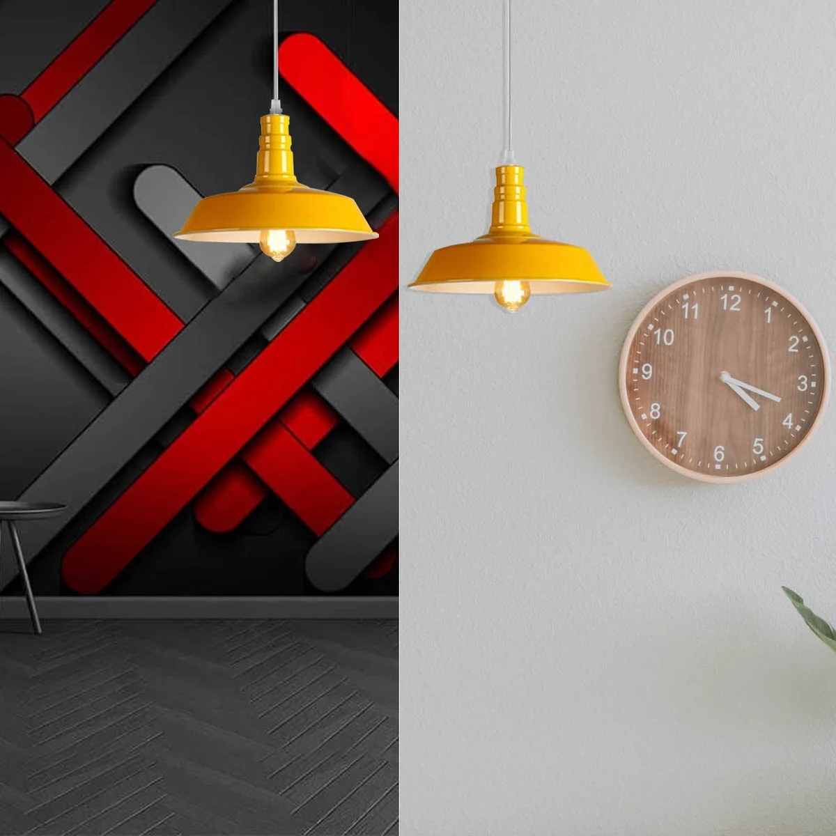 Modern pendant light with metal barn slot shade in yellow, hanging by adjustable 95cm cable, suitable for indoor use