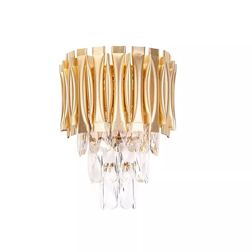 Modern gold crystal chandelier with round crystal lampshade and gold metal frame, suitable for ceiling pendant lighting