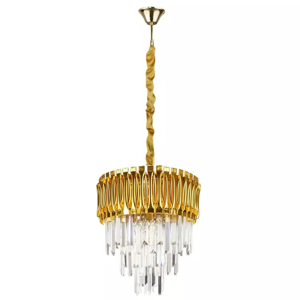 Gold and crystal modern ceiling pendant chandelier with round crystal lampshade and metal frame, suitable for E14 bulbs