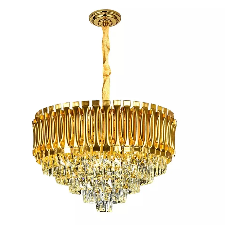 Gold and crystal modern round LED ceiling light chandelier with multiple hanging crystal pendants and metal frame
