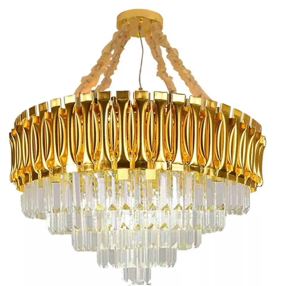 Modern gold crystal chandelier with E14 bulb chandelier base, round design, and intricate crystal lampshade hanging from ceiling
