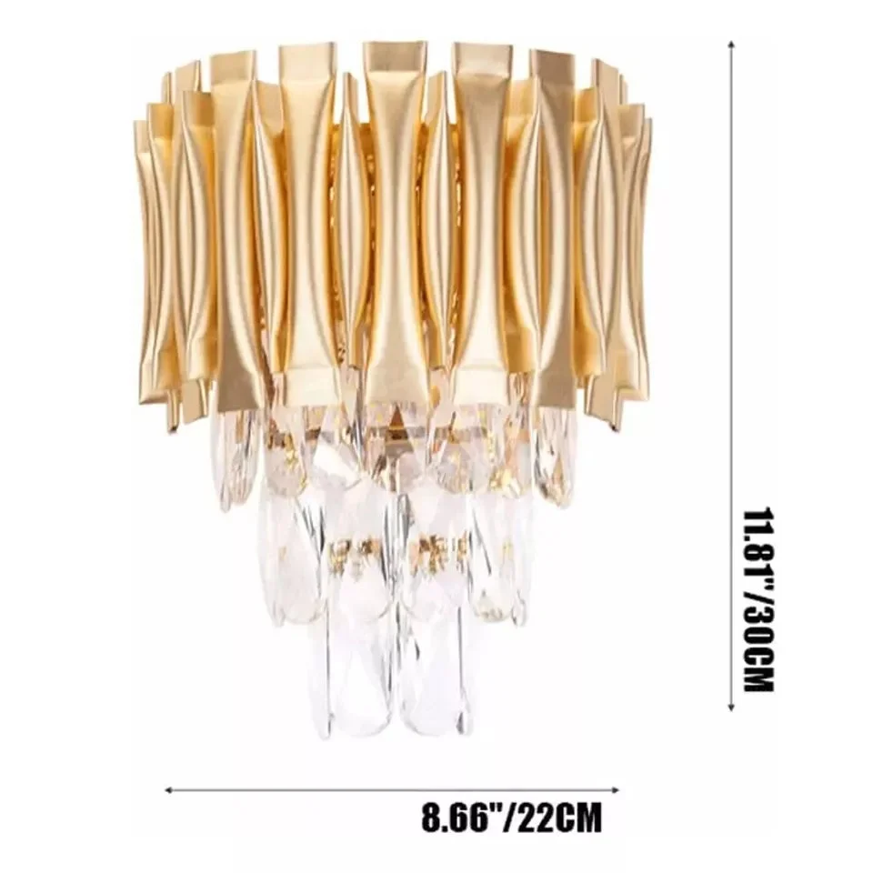 Gold and crystal luxury crystal light chandelier with modern design, round shape, and E14 bulb base hanging from ceiling