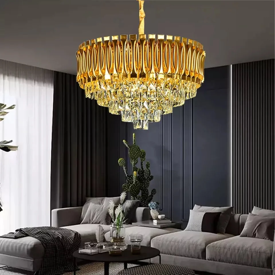 Gold metal and crystal lamp chandelier with round crystal lampshade, modern luxury ceiling pendant light design