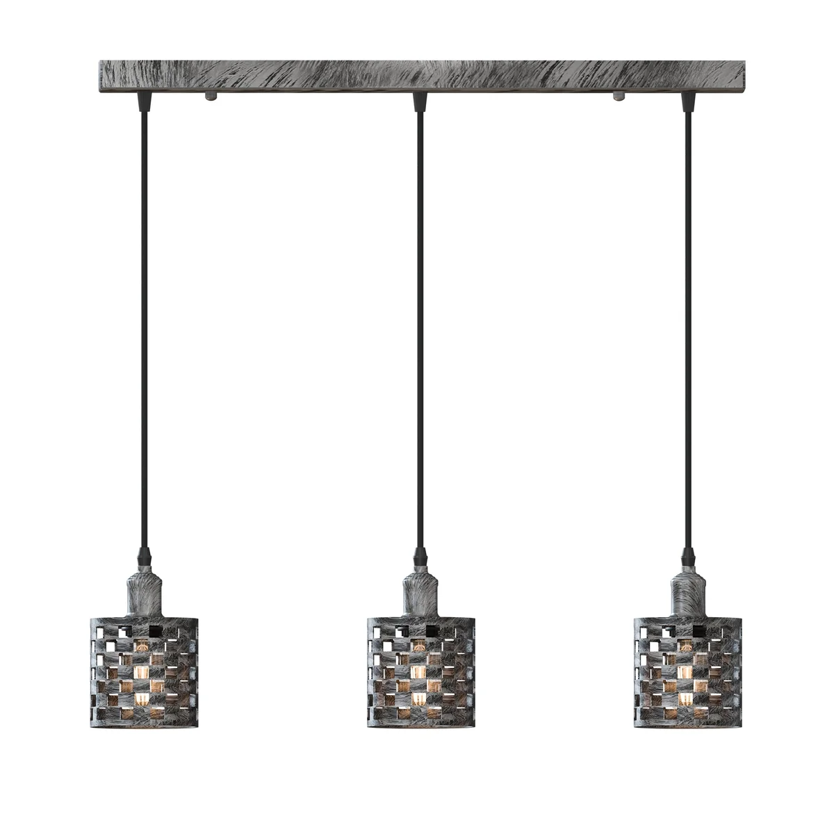 Retro pendant light with three adjustable metal barrel cage shades in brushed copper finish hanging from ceiling rose