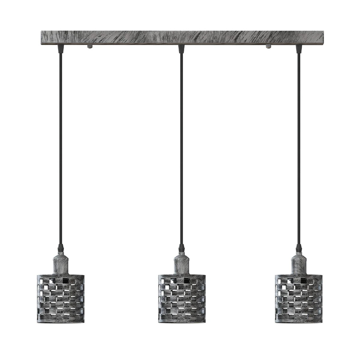 Black metal 3 way pendant light with three adjustable barrel cage shades and 50cm hanging cables against white background