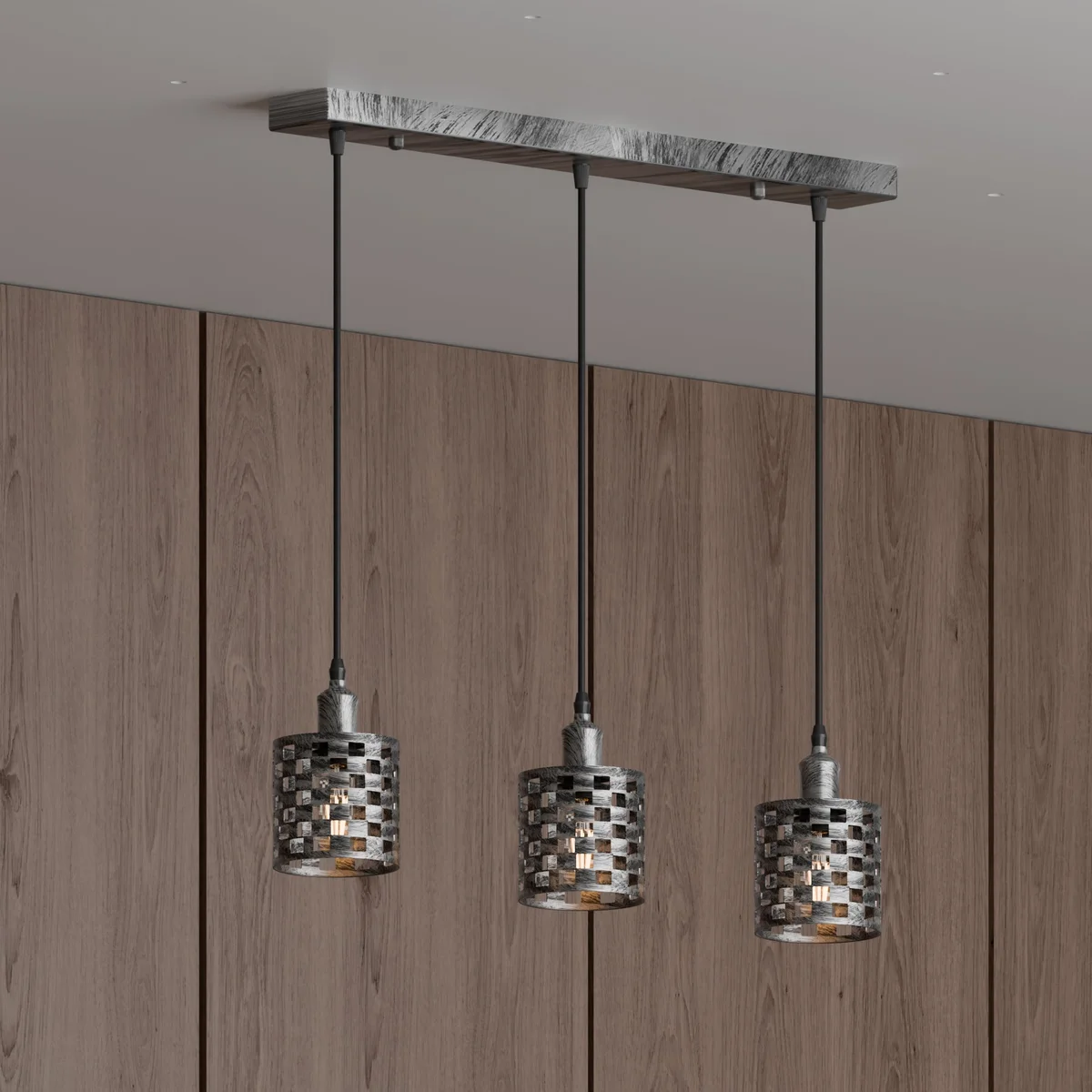Three-head vintage style E27 pendant lamp with adjustable black metal barrel cages and hanging chains on white background