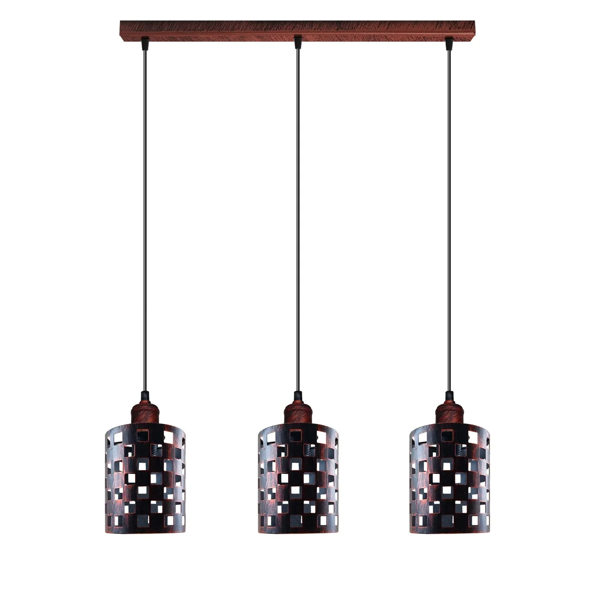 Retro style dimmable pendant light with three adjustable metal barrel cage shades and E27 bulb holders hanging from ceiling rose