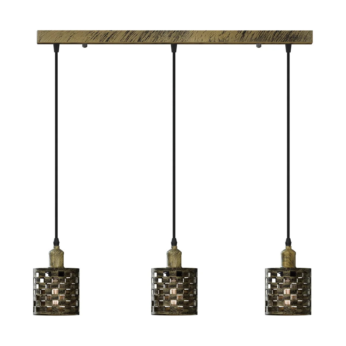 Retro pendant light with three adjustable metal barrel cage shades in brushed copper finish, hanging from ceiling rose
