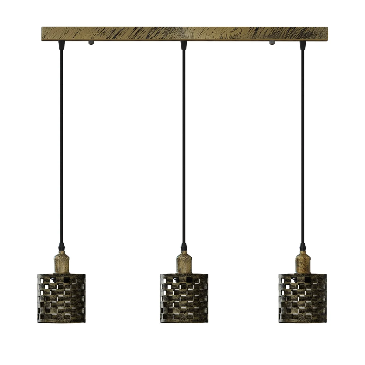 Retro pendant light with three adjustable metal barrel cage shades in brushed copper finish hanging from ceiling rose