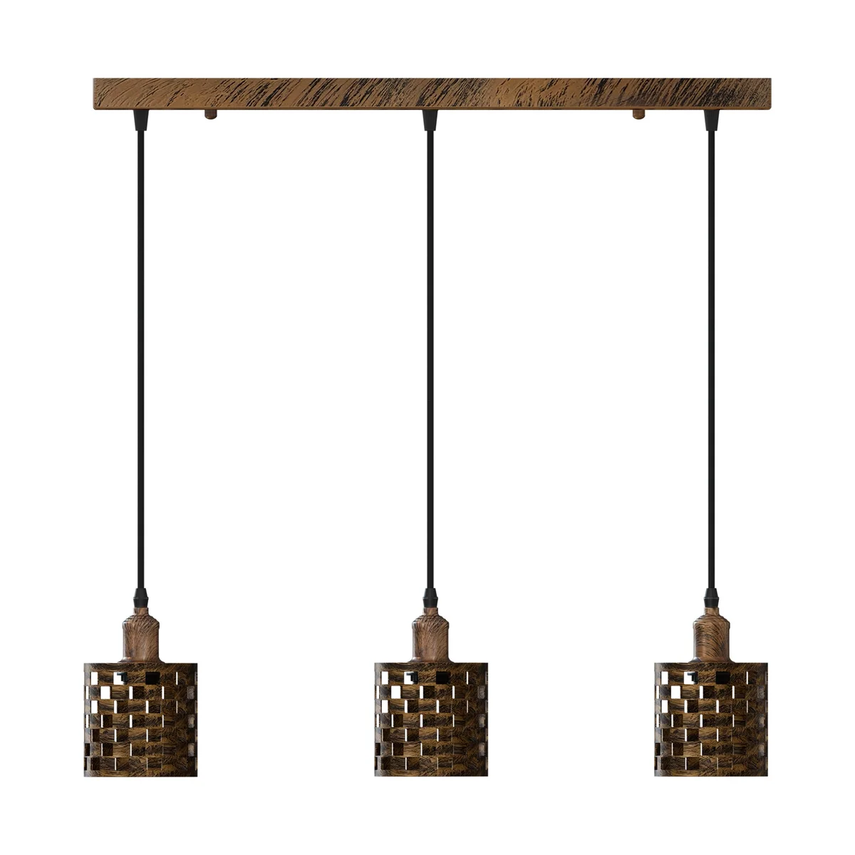 Retro pendant light with three black metal barrel cage shades and adjustable 50cm hanging cables against white background