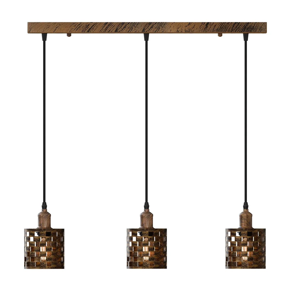 Retro pendant light with three adjustable black metal barrel cage shades hanging from 50cm cables and chains