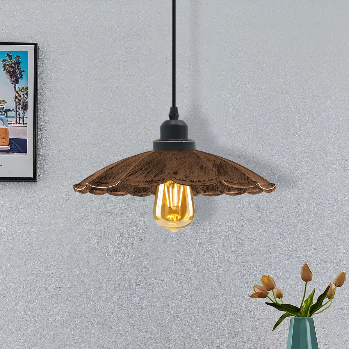 Black industrial pendant lighting with metal shade and 95cm cord, modern style for kitchen or home decor