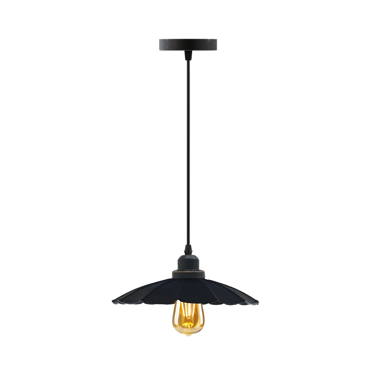 Black industrial style E27 pendant lamp with metal shade and 95cm cord, suitable for modern kitchen lighting