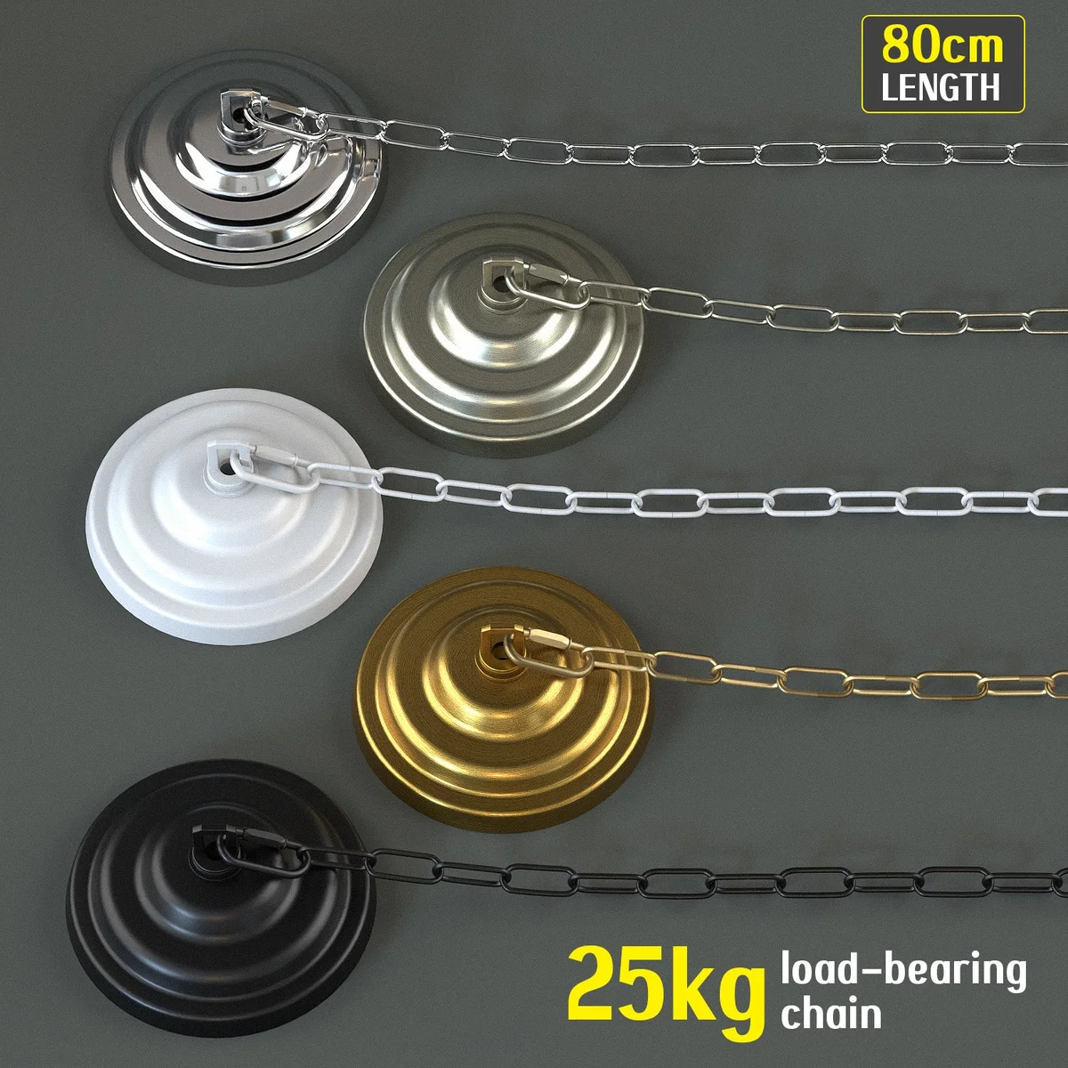 Metal hanging chain ceiling rose with 80cm metal link chain and hook plate for indoor light fixtures, black finish