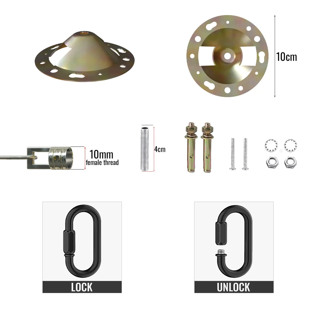 Heavy duty metal chain 80cm linked to a round ceiling rose hook plate for indoor hanging light fixtures, black metal finish