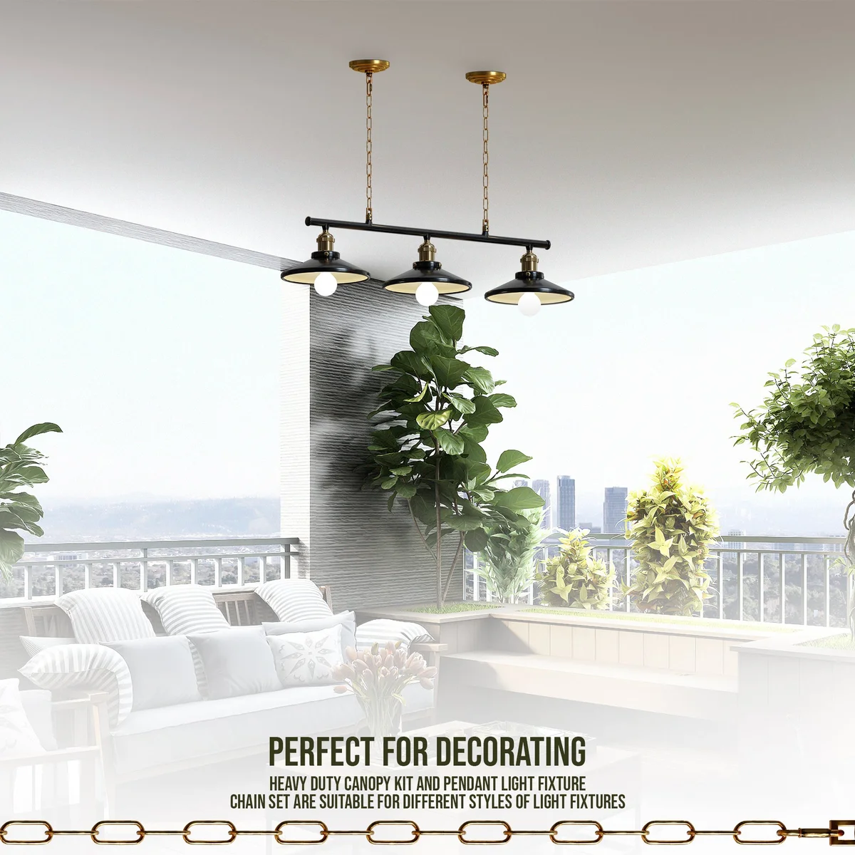 Metal ceiling rose with heavy-duty hanging chain showing adjustable chain length for indoor light fixtures installation