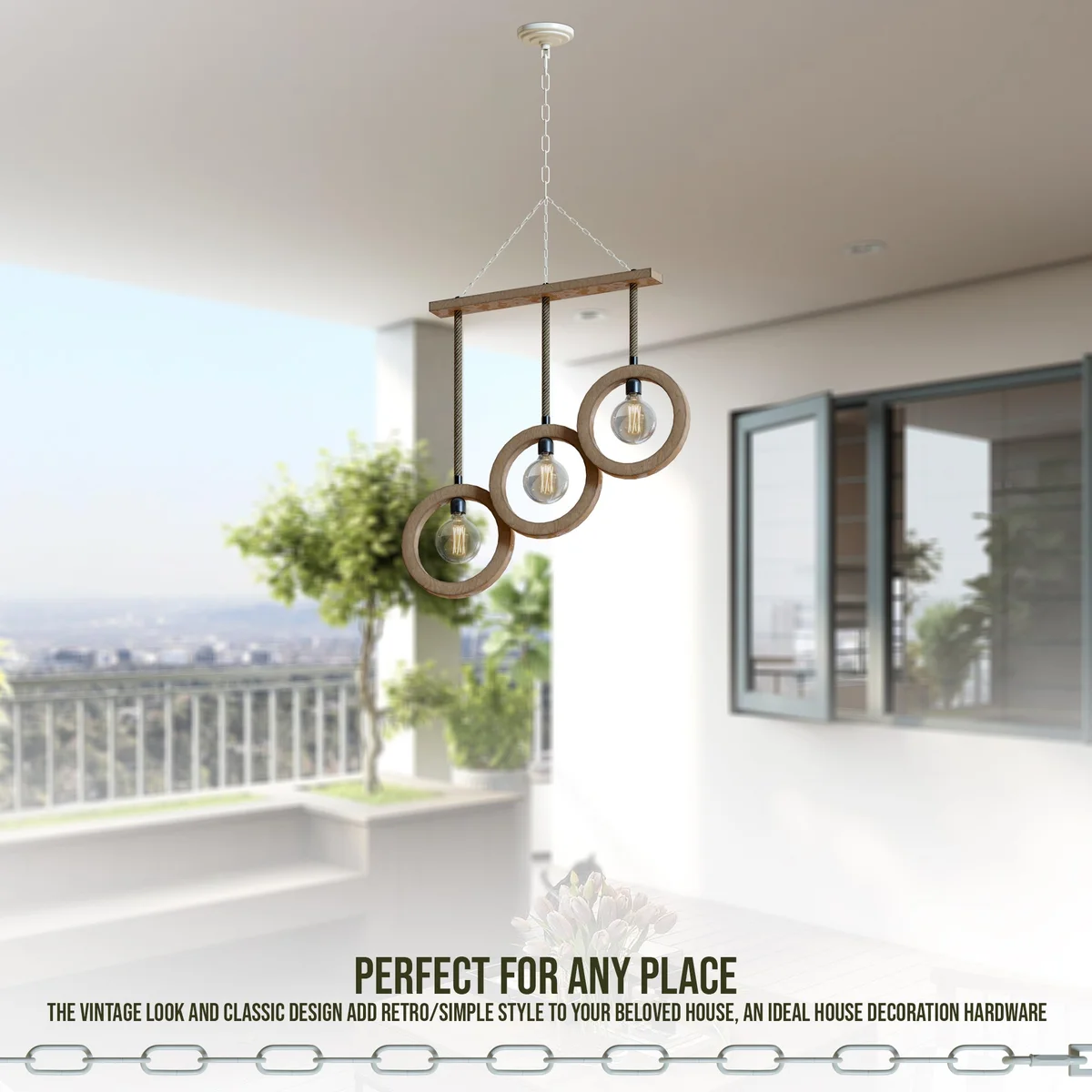 Metal hanging link chain with ceiling rose hook plate for indoor ceiling hook, 80cm length, industrial style, black metal finish
