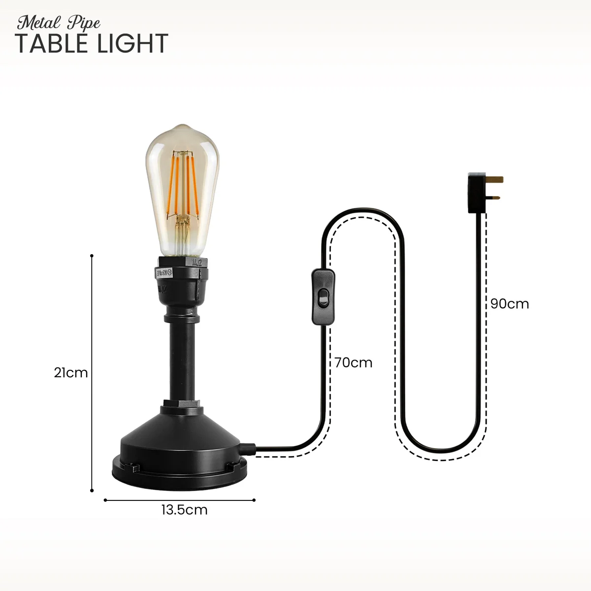 Industrial table lamp with steampunk water pipe design, black metal finish, inline switch, and E27 bulb socket on plug-in cord