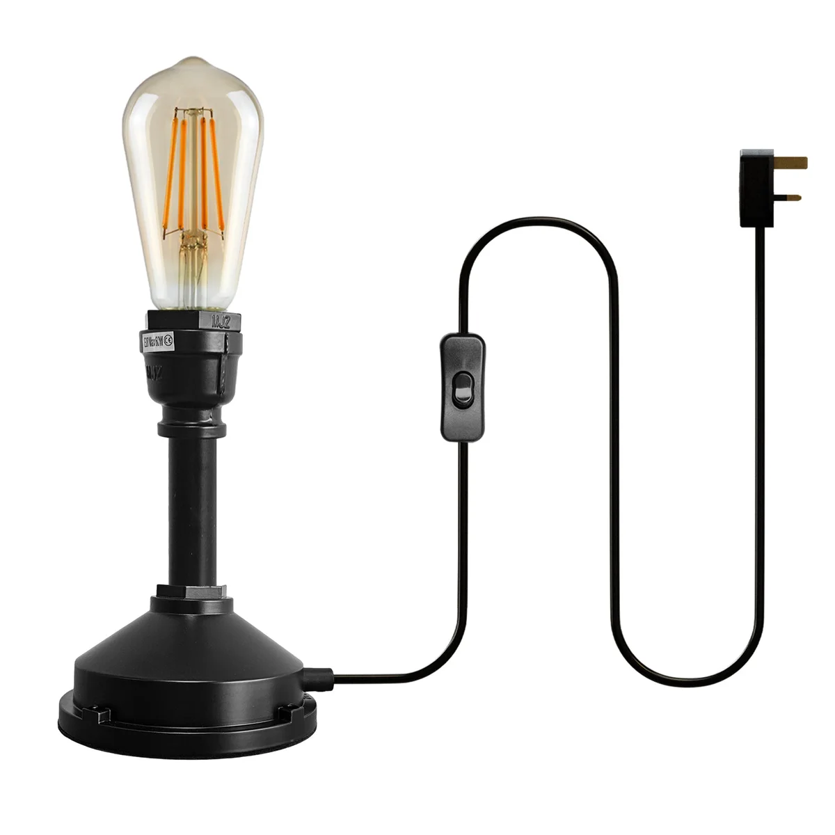 Industrial steampunk pipe table lamp in brushed copper with E27 plug in lamp and inline on/off switch on wooden surface